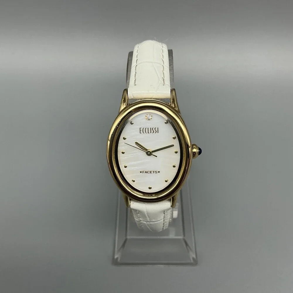 Ecclissi Facets Womens Watch 24mm MOP Dial Gold Tone Leather Diamond New Battery